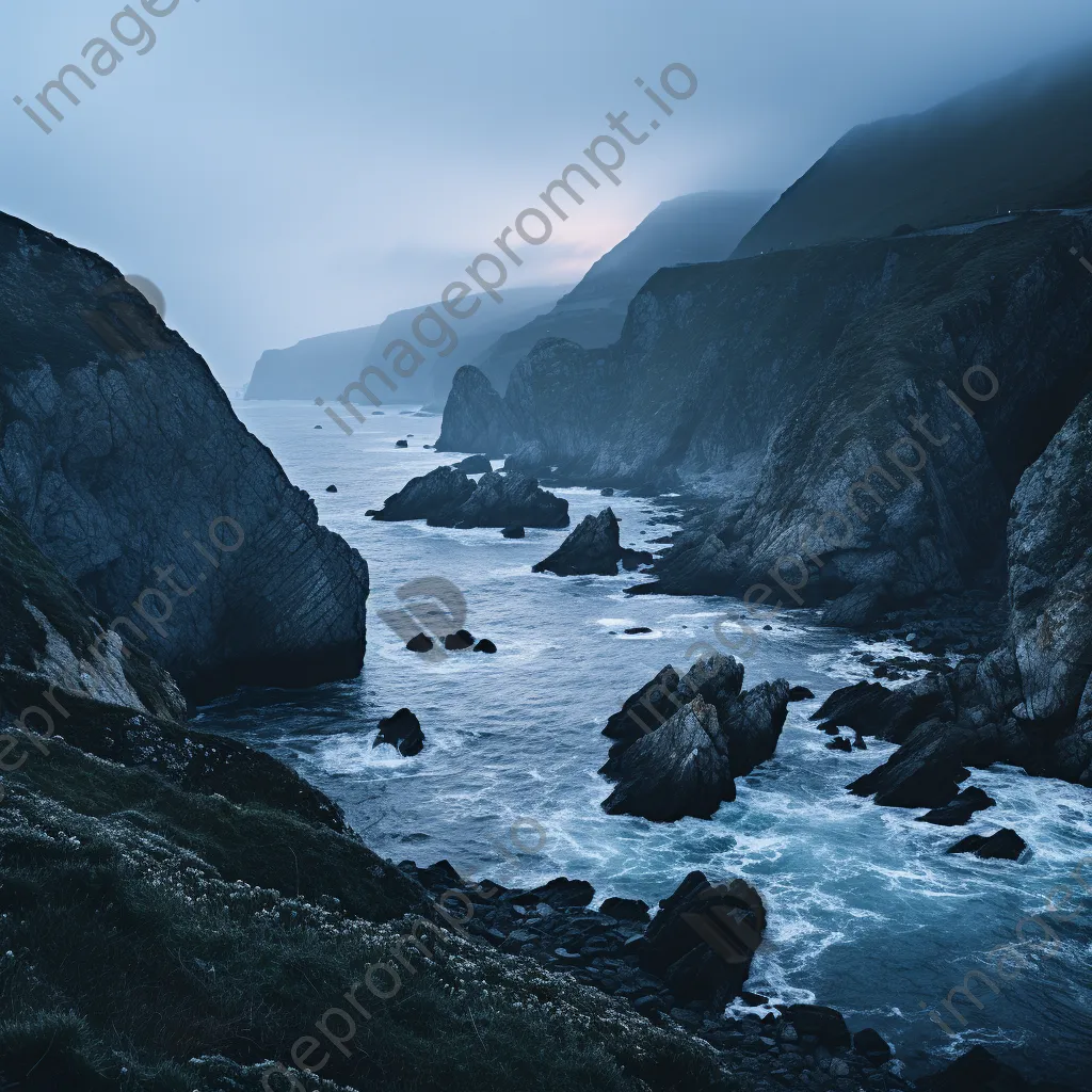 Coastal cliffs in mist at dusk - Image 2