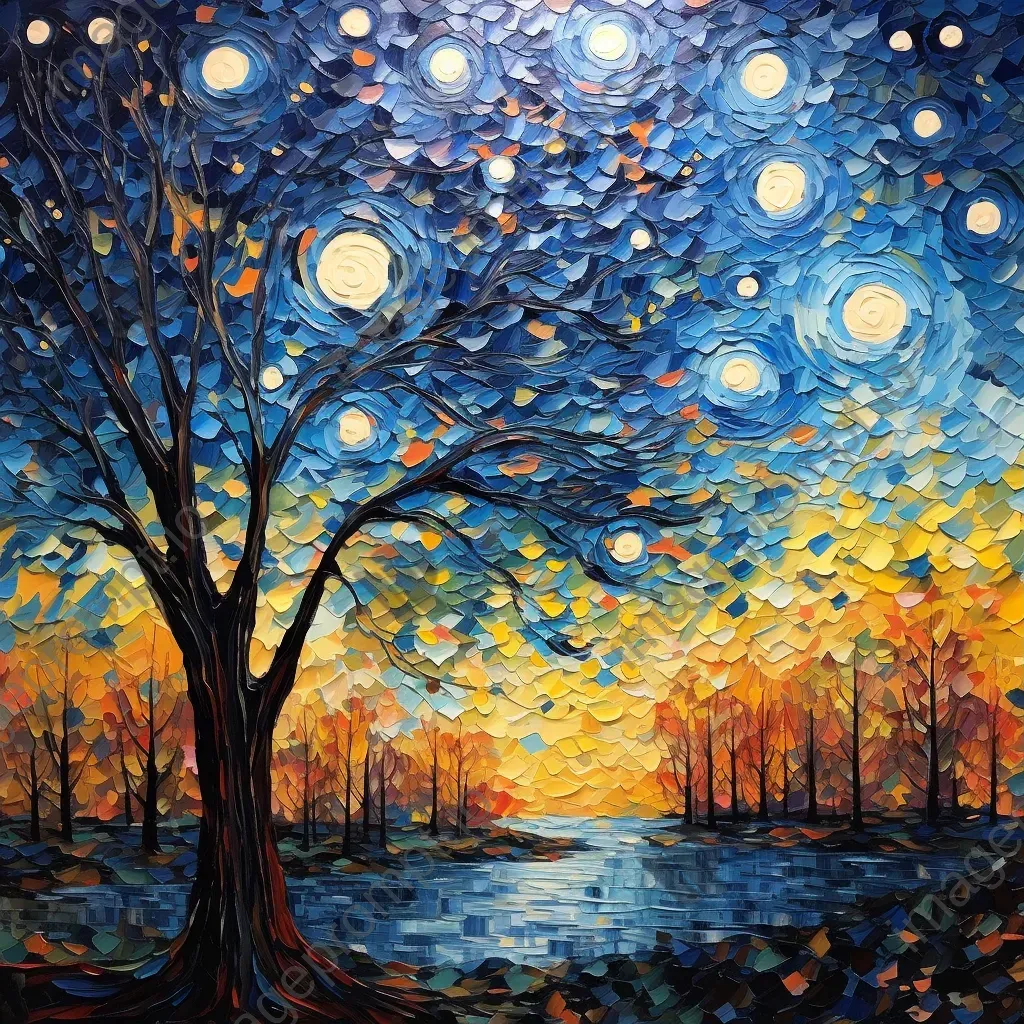 Fall leaves underneath a pastel-colored starry night sky in impressionistic style - Image 1