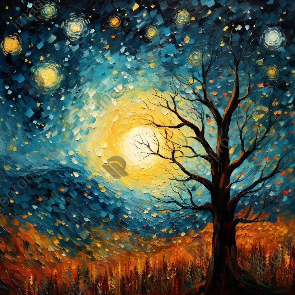 Fall leaves underneath a pastel-colored starry night sky in impressionistic style - Image 2