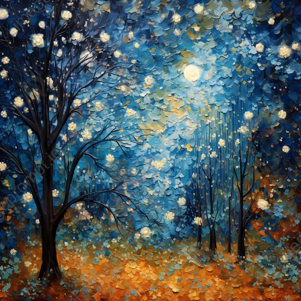 Fall leaves underneath a pastel-colored starry night sky in impressionistic style - Image 3