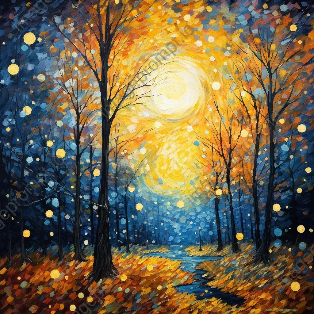 Fall leaves underneath a pastel-colored starry night sky in impressionistic style - Image 4