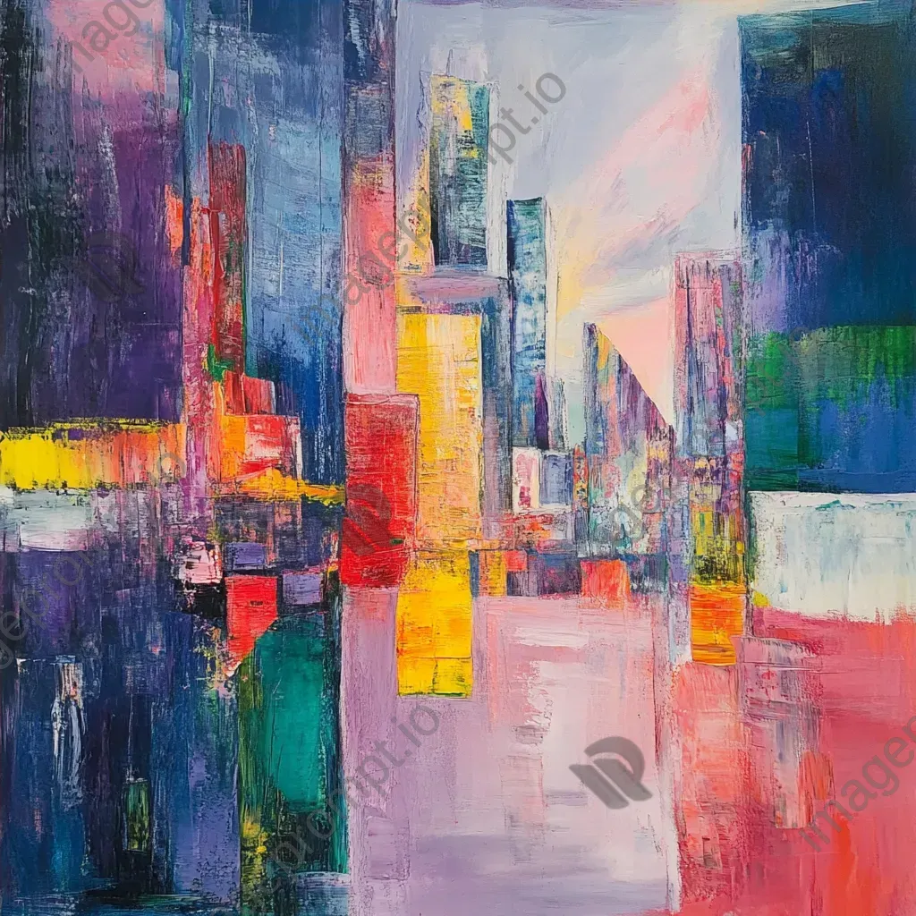 Abstract pastel-colored depiction of a cityscape at dawn - Image 4