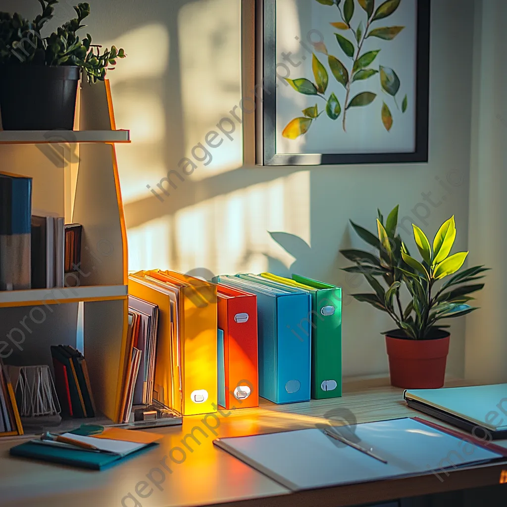 Organized desk corner with colorful file organizers and plants in soft light - Image 1