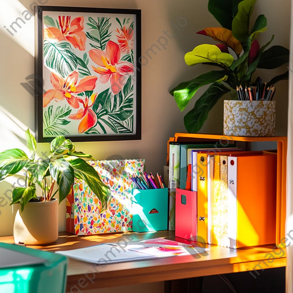 Organized desk corner with colorful file organizers and plants in soft light - Image 2