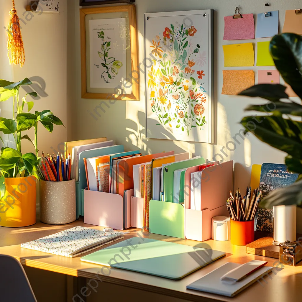 Organized desk corner with colorful file organizers and plants in soft light - Image 3