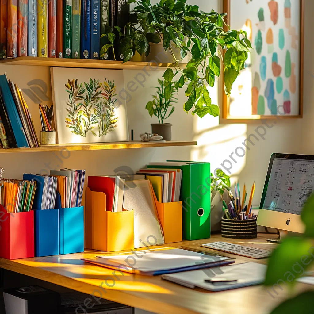 Organized desk corner with colorful file organizers and plants in soft light - Image 4