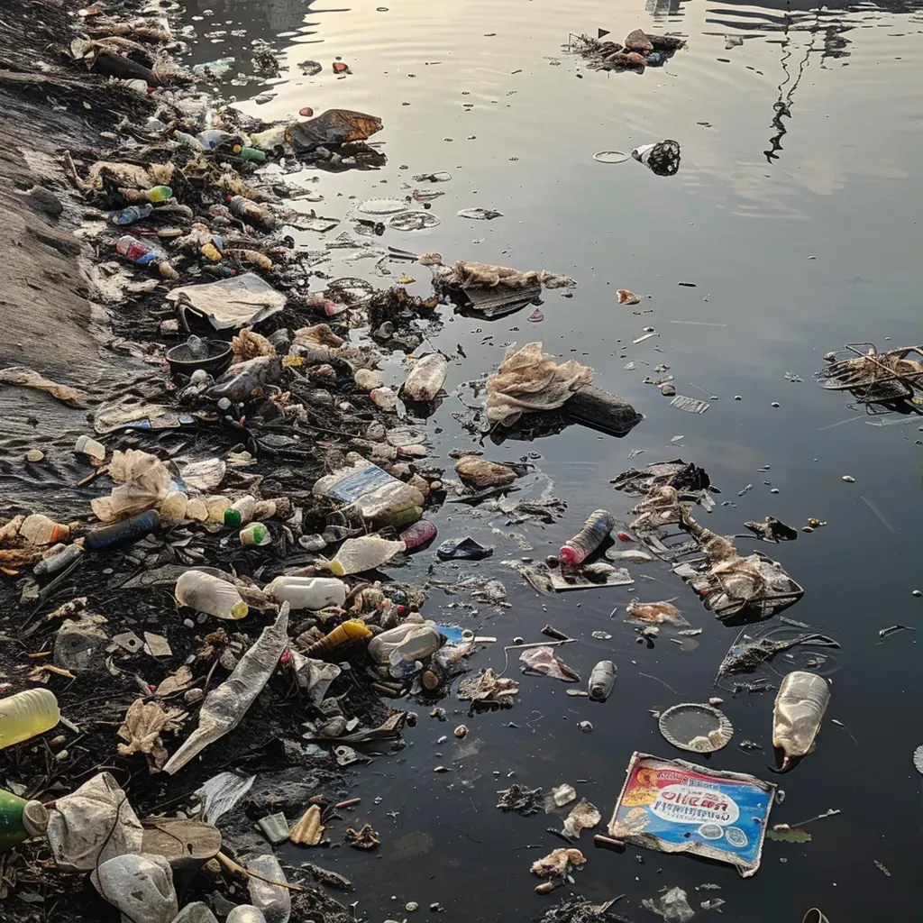 Trash floating in polluted urban river, depicting water pollution - Image 1