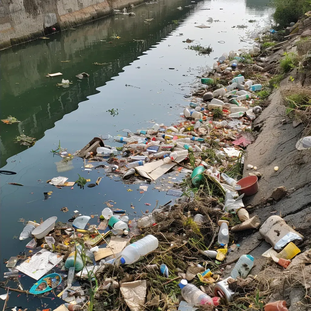 Trash floating in polluted urban river, depicting water pollution - Image 2