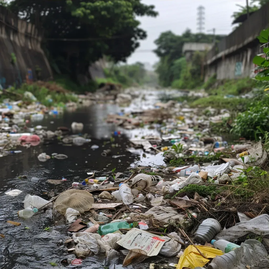 Trash floating in polluted urban river, depicting water pollution - Image 3