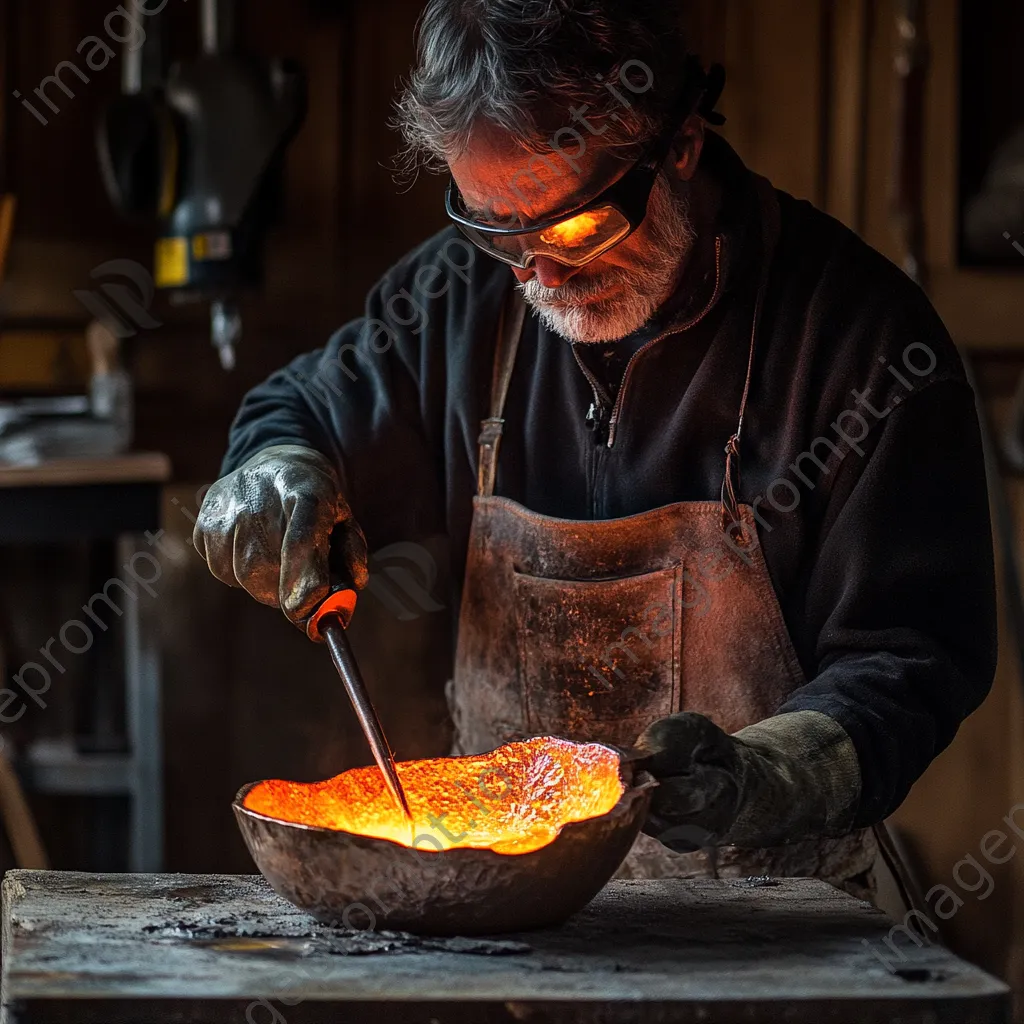 Artisan pouring molten copper into a mold with tools nearby - Image 1