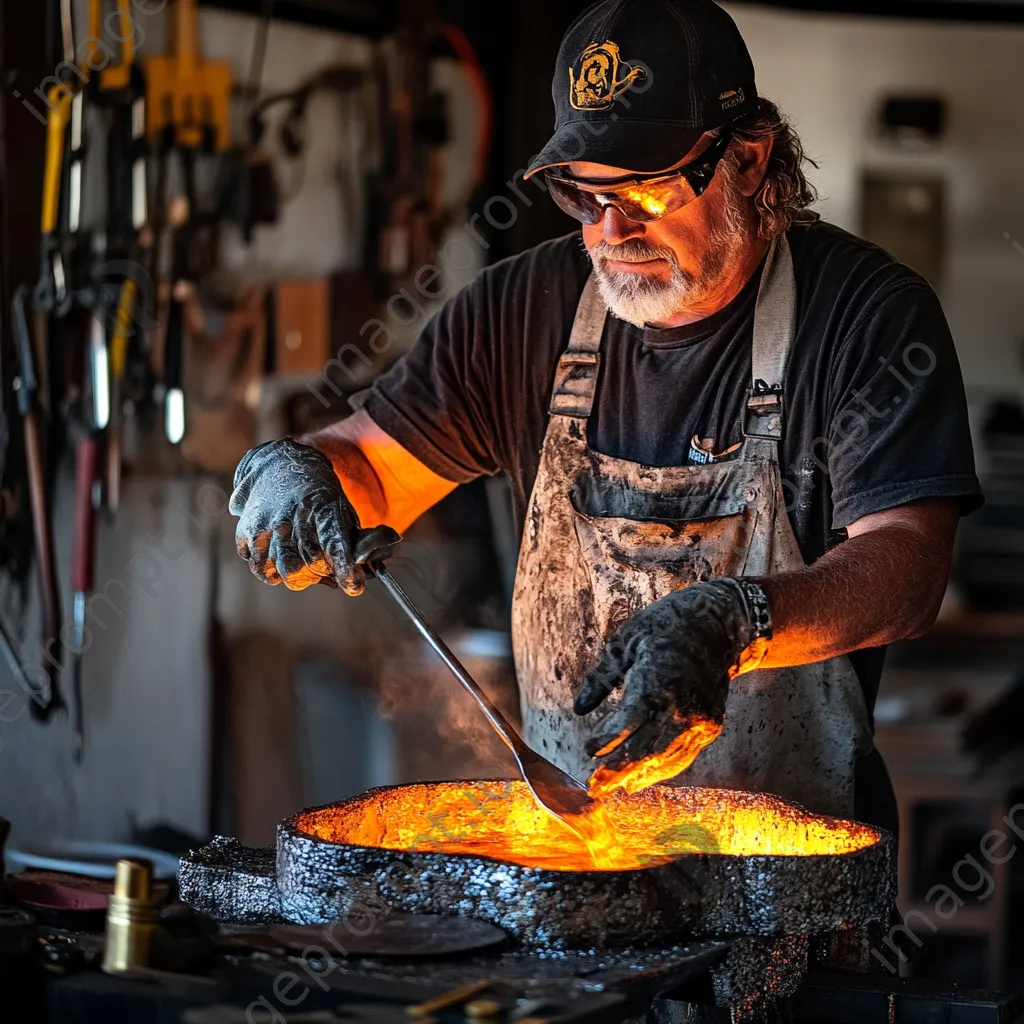 Artisan pouring molten copper into a mold with tools nearby - Image 2