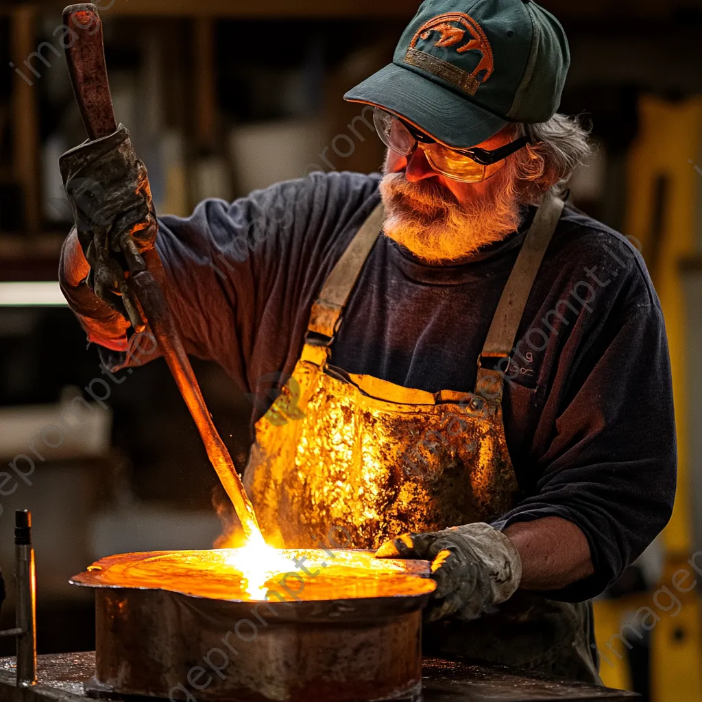 Artisan pouring molten copper into a mold with tools nearby - Image 3