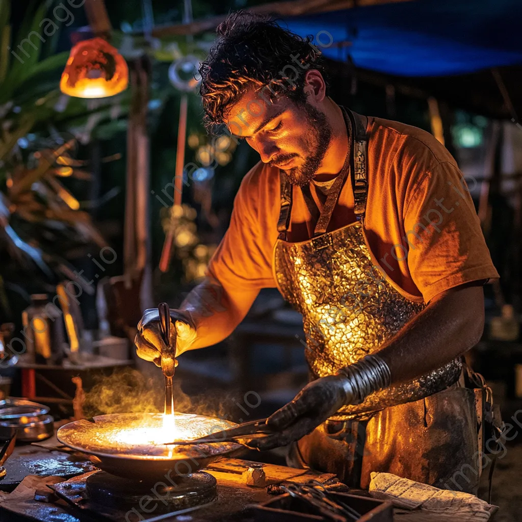 Artisan pouring molten copper into a mold with tools nearby - Image 4