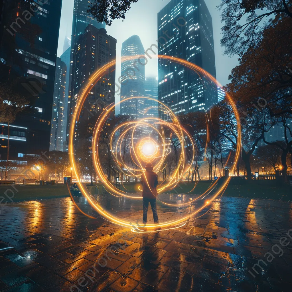 Artist painting with light in a park surrounded by city buildings. - Image 1