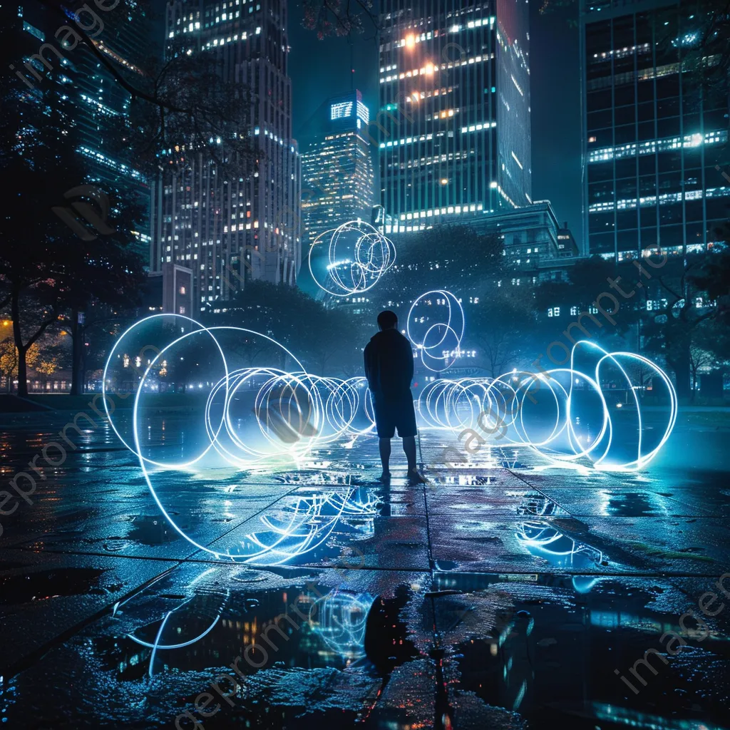 Artist painting with light in a park surrounded by city buildings. - Image 2