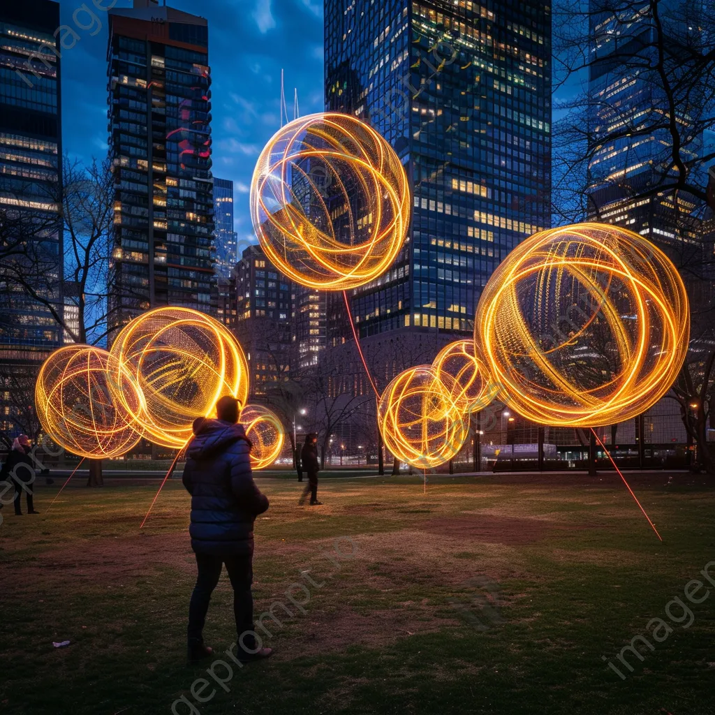 Artist painting with light in a park surrounded by city buildings. - Image 3