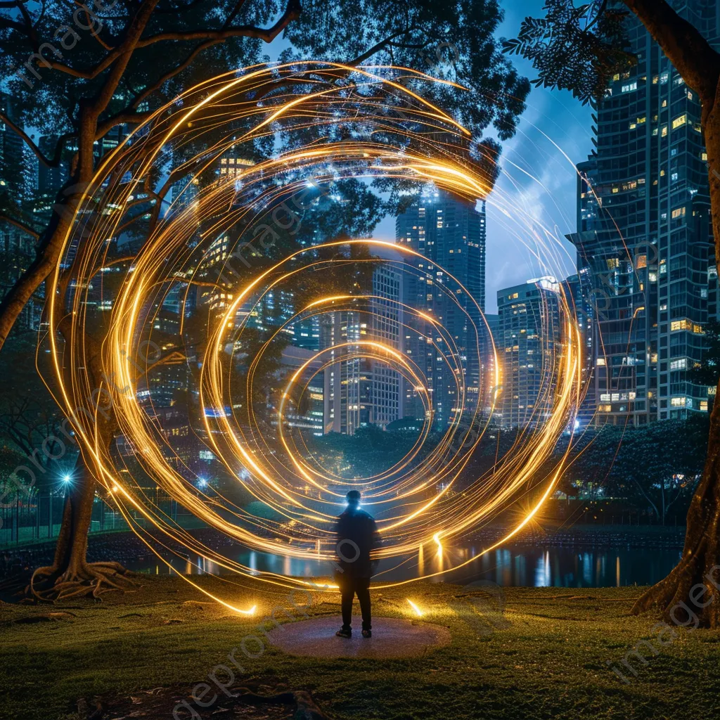 Artist painting with light in a park surrounded by city buildings. - Image 4