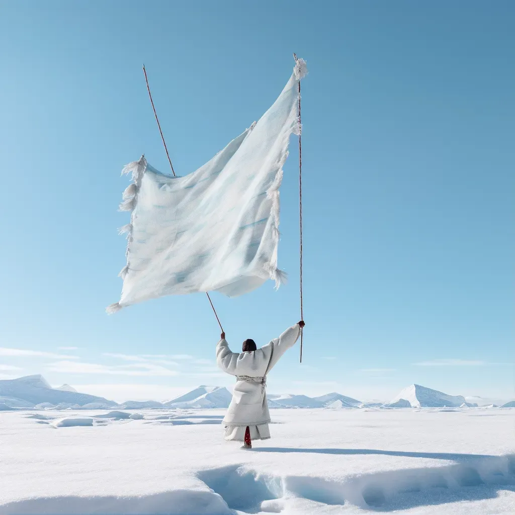 Illustration of an Inuit blanket toss ritual in the Arctic with a person being thrown high into a clear blue sky - Image 1