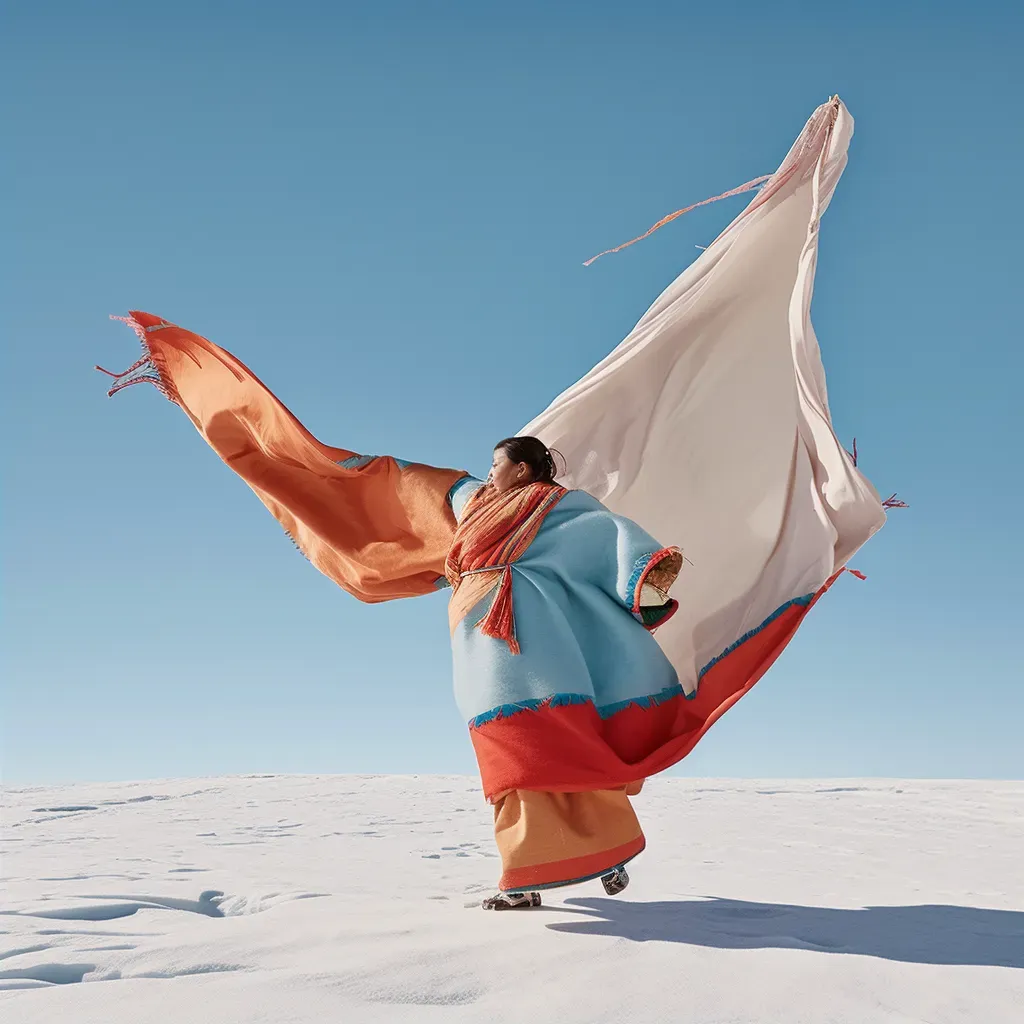 Illustration of an Inuit blanket toss ritual in the Arctic with a person being thrown high into a clear blue sky - Image 2