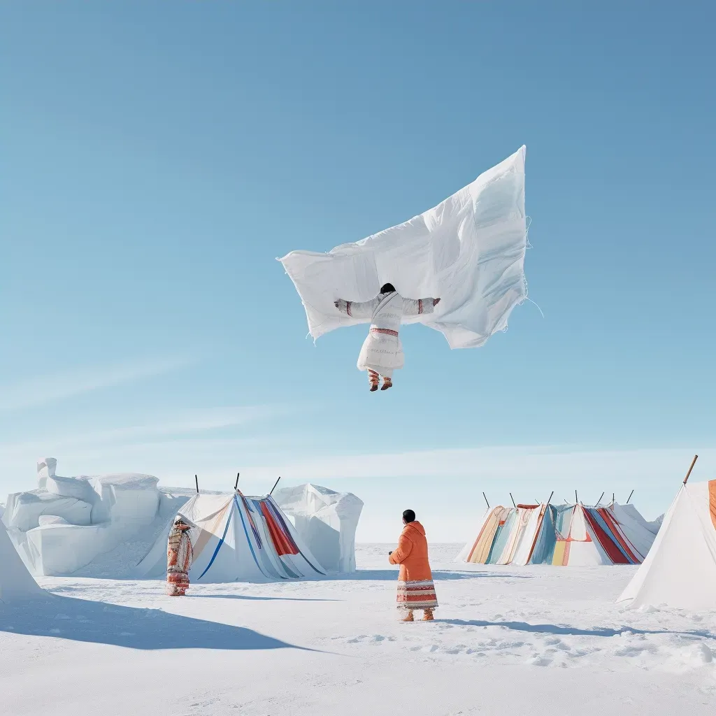 Illustration of an Inuit blanket toss ritual in the Arctic with a person being thrown high into a clear blue sky - Image 4