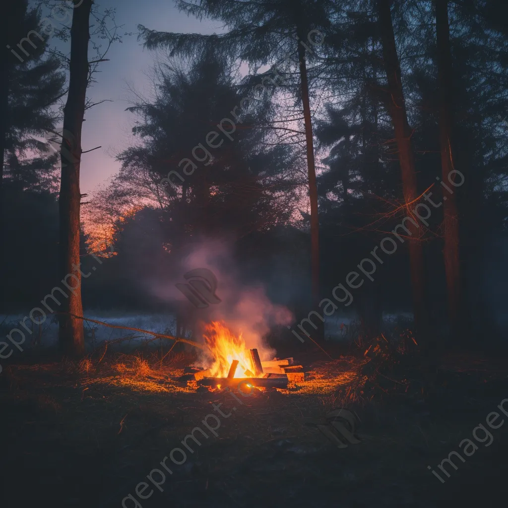 Dramatic bonfire in the woods at twilight - Image 1