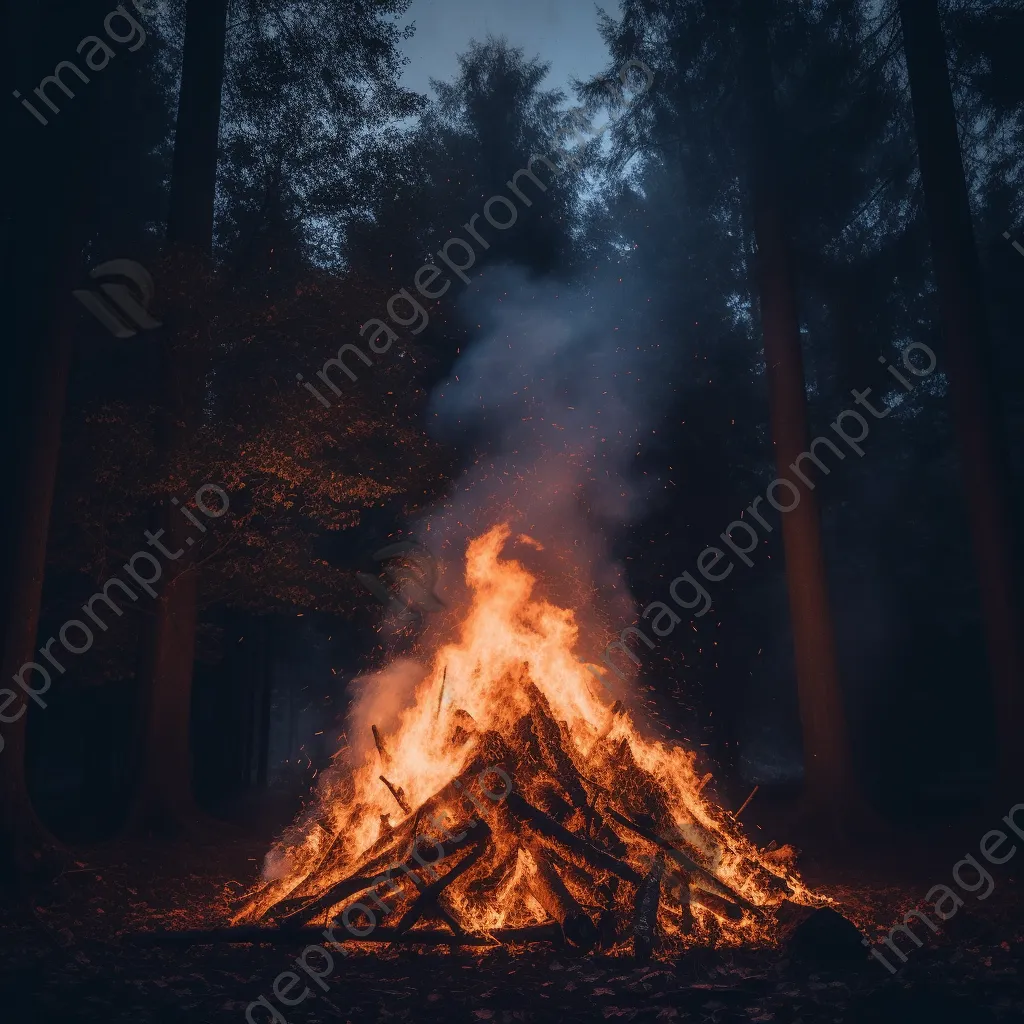 Dramatic bonfire in the woods at twilight - Image 2