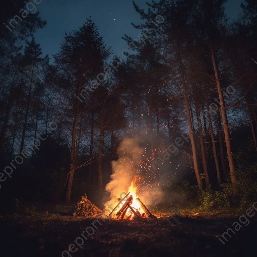 Dramatic bonfire in the woods at twilight - Image 3