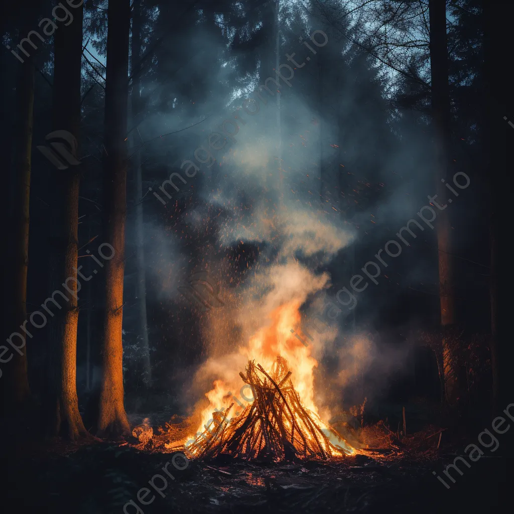 Dramatic bonfire in the woods at twilight - Image 4