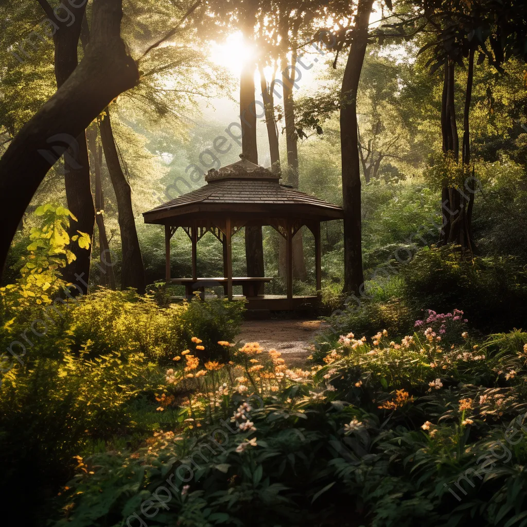 Woodland clearing with a gazebo surrounded by blooming flowers. - Image 2