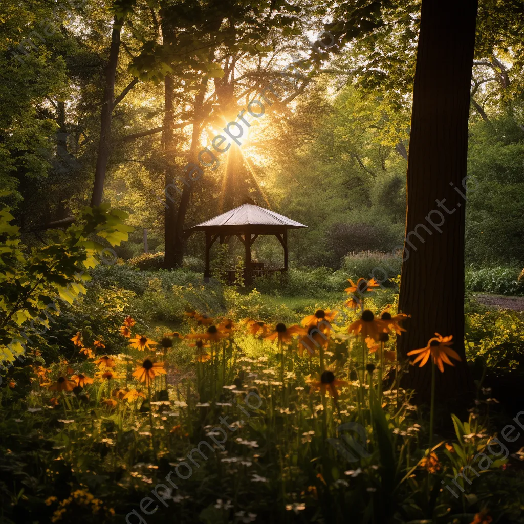 Woodland clearing with a gazebo surrounded by blooming flowers. - Image 3