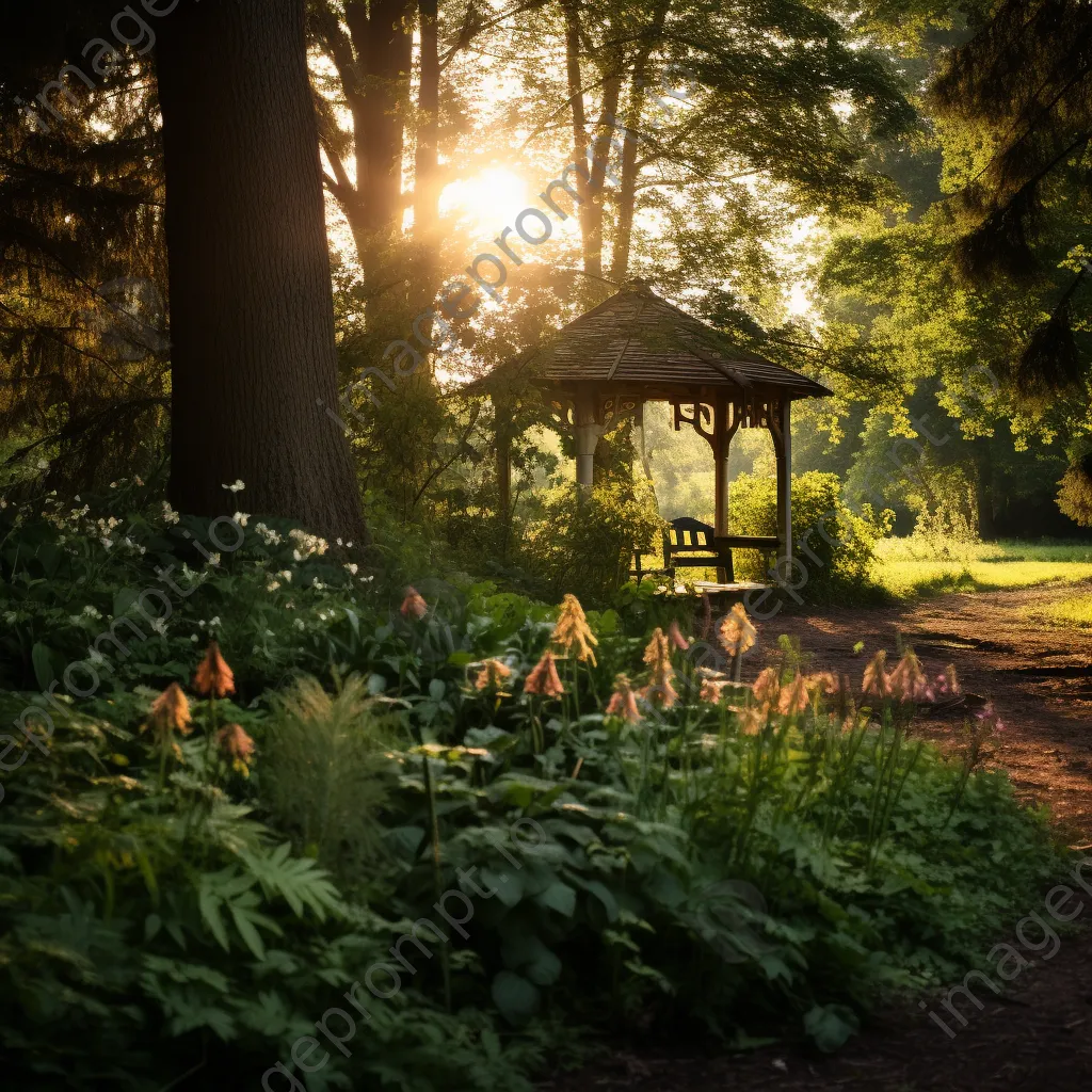 Woodland clearing with a gazebo surrounded by blooming flowers. - Image 4