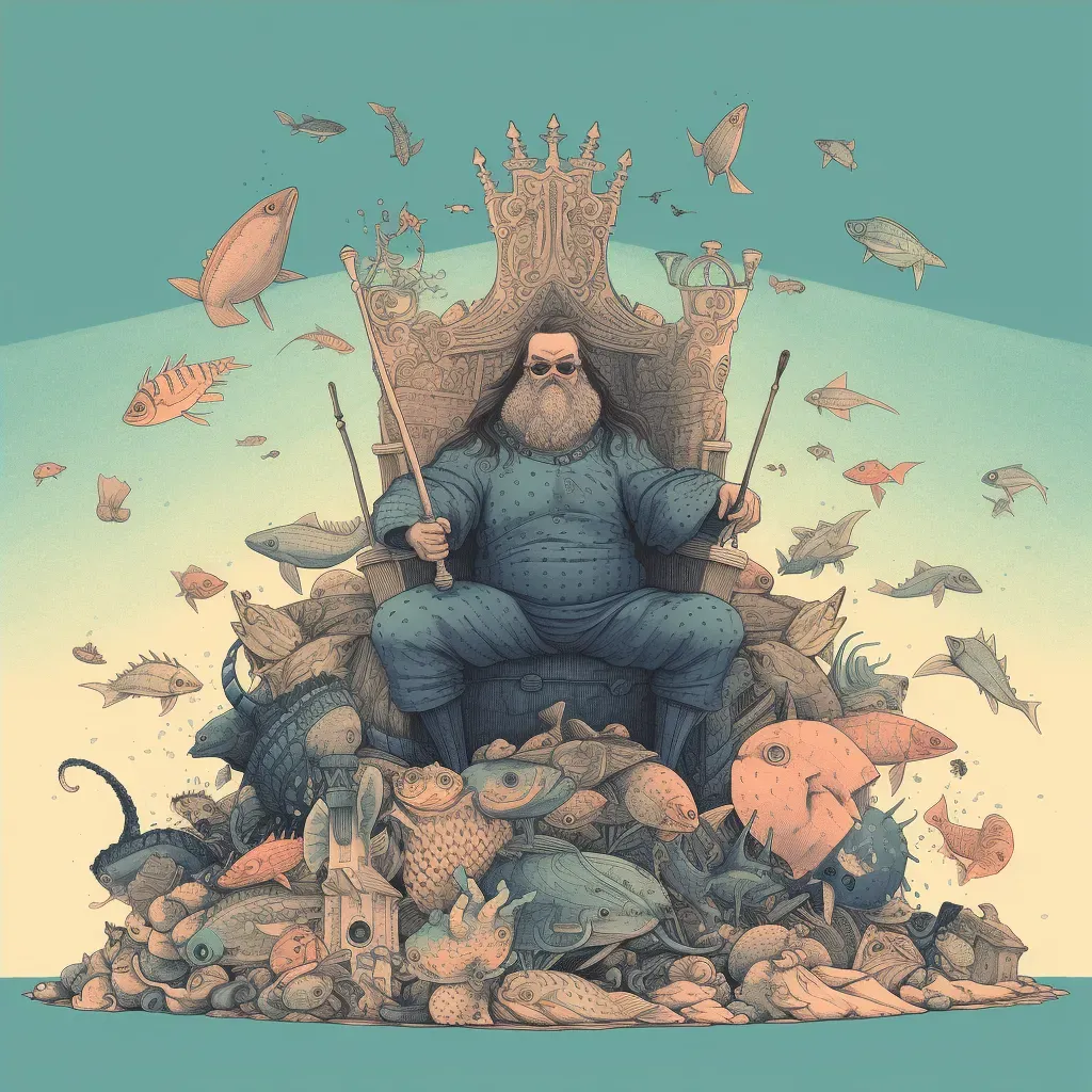 Merman King on Throne Surrounded by Ocean Creatures