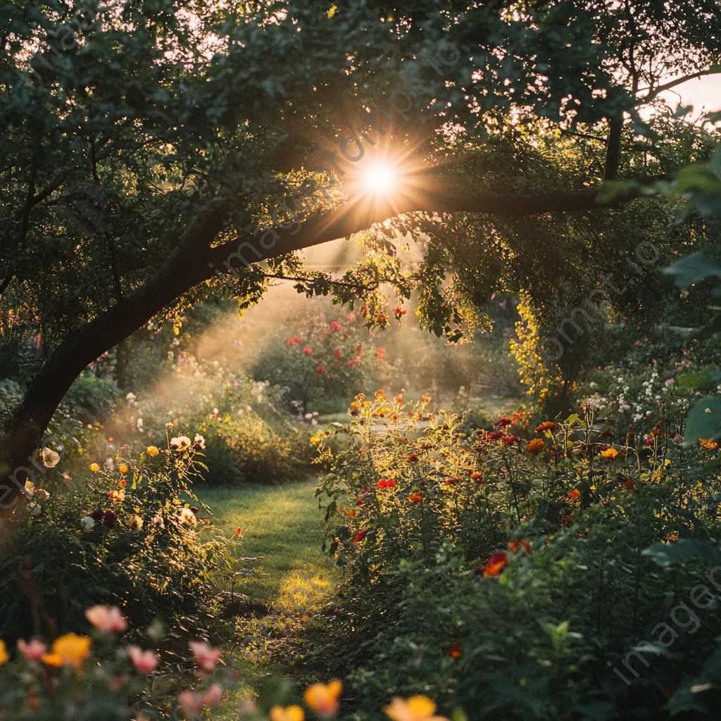 Sunrays filtering through flowers in a garden - Image 1