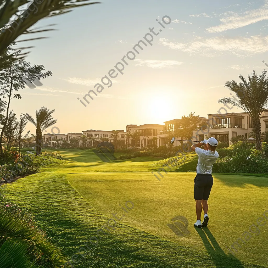 Golfer swinging on a fairway at sunset with luxury villas in the background - Image 1