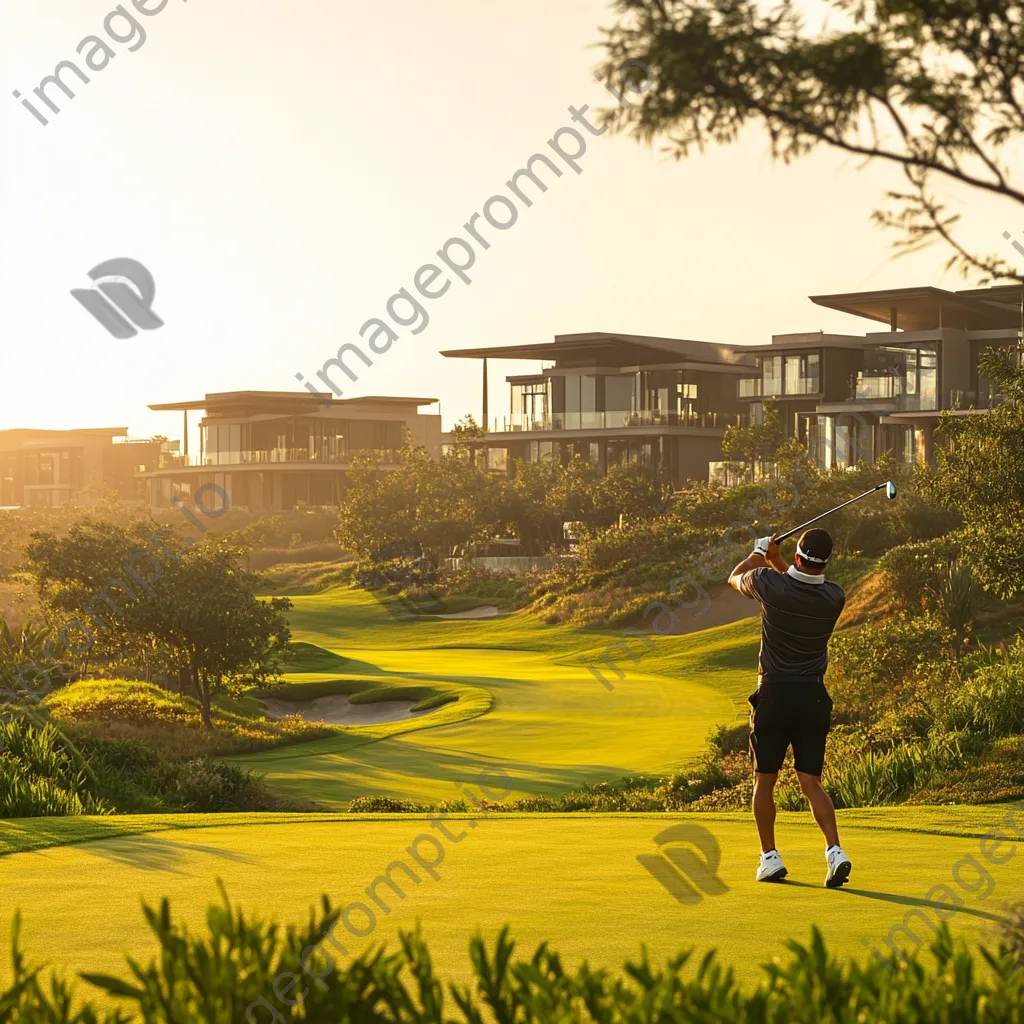 Golfer swinging on a fairway at sunset with luxury villas in the background - Image 2