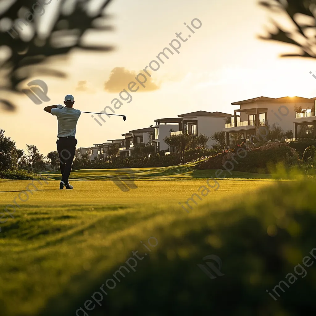 Golfer swinging on a fairway at sunset with luxury villas in the background - Image 3