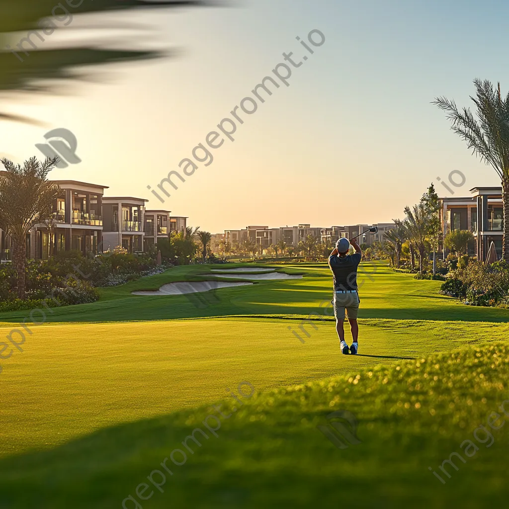 Golfer swinging on a fairway at sunset with luxury villas in the background - Image 4