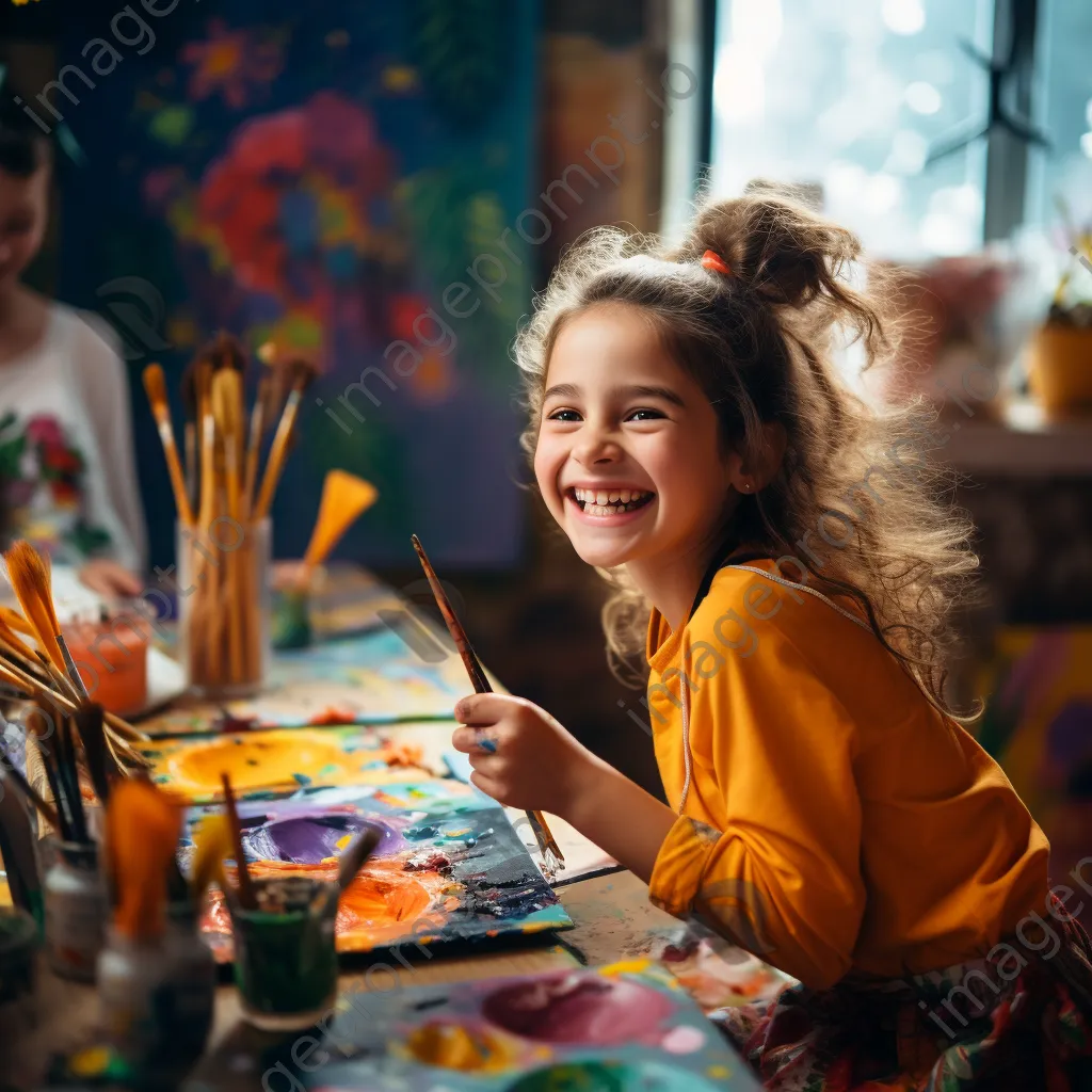 Young girl engaged in an online art class with painting supplies. - Image 1