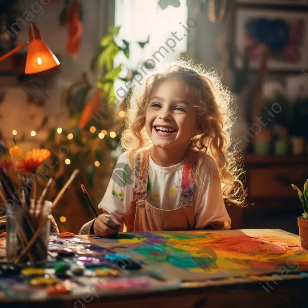 Young girl engaged in an online art class with painting supplies. - Image 2