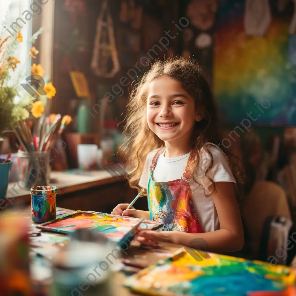 Young girl engaged in an online art class with painting supplies. - Image 3