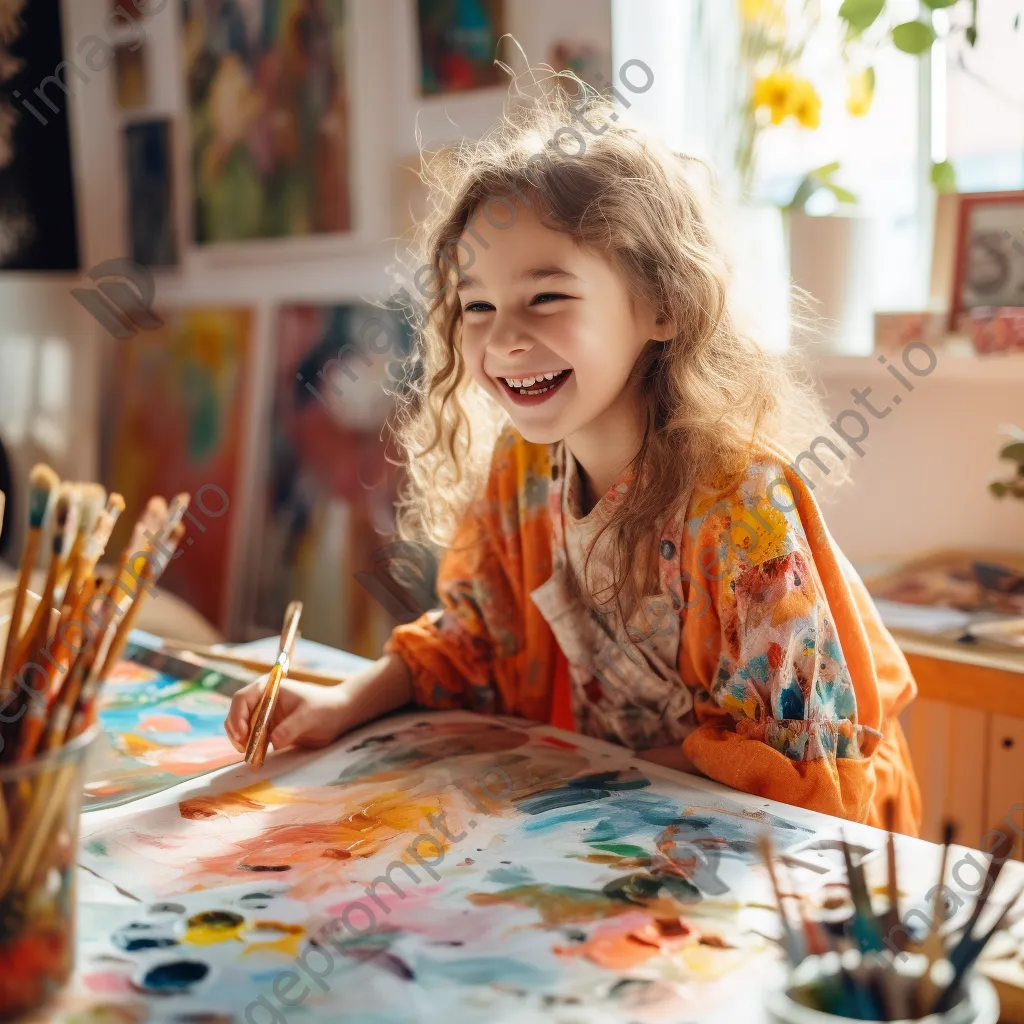 Young girl engaged in an online art class with painting supplies. - Image 4