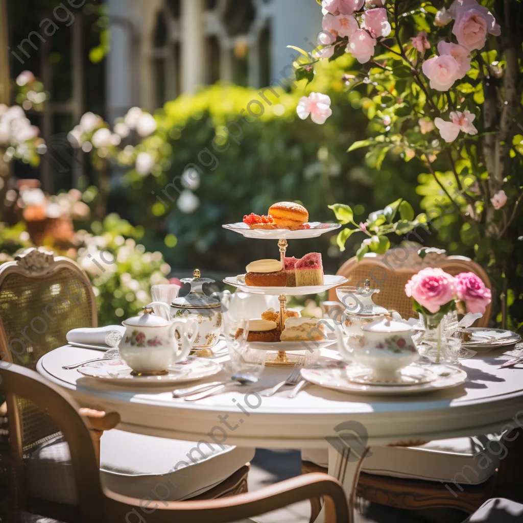 Outdoor terrace set for afternoon tea surrounded by flowers - Image 1