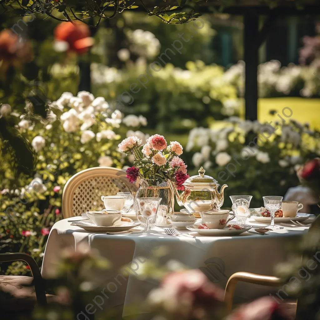 Outdoor terrace set for afternoon tea surrounded by flowers - Image 2