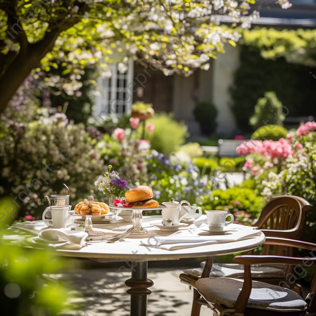 Outdoor terrace set for afternoon tea surrounded by flowers - Image 4