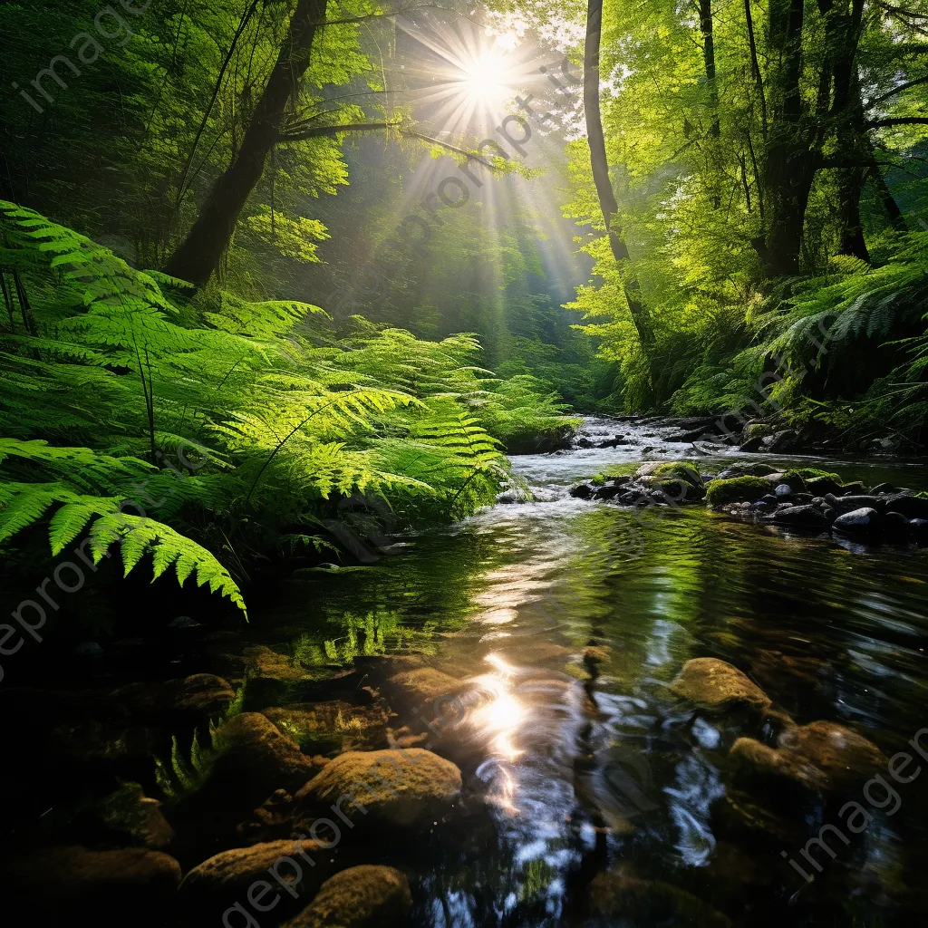 Serene natural spring with ferns and wildflowers under soft sunlight - Image 1