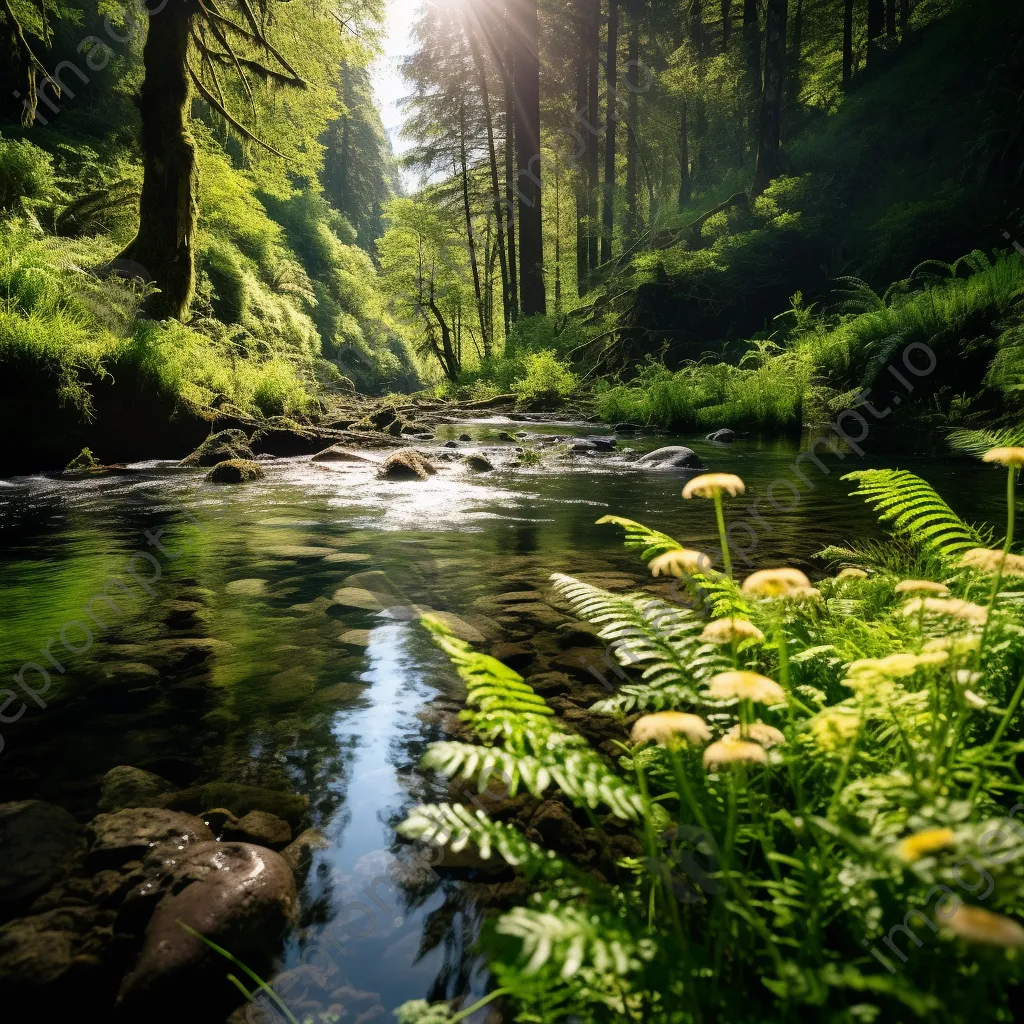 Serene natural spring with ferns and wildflowers under soft sunlight - Image 2