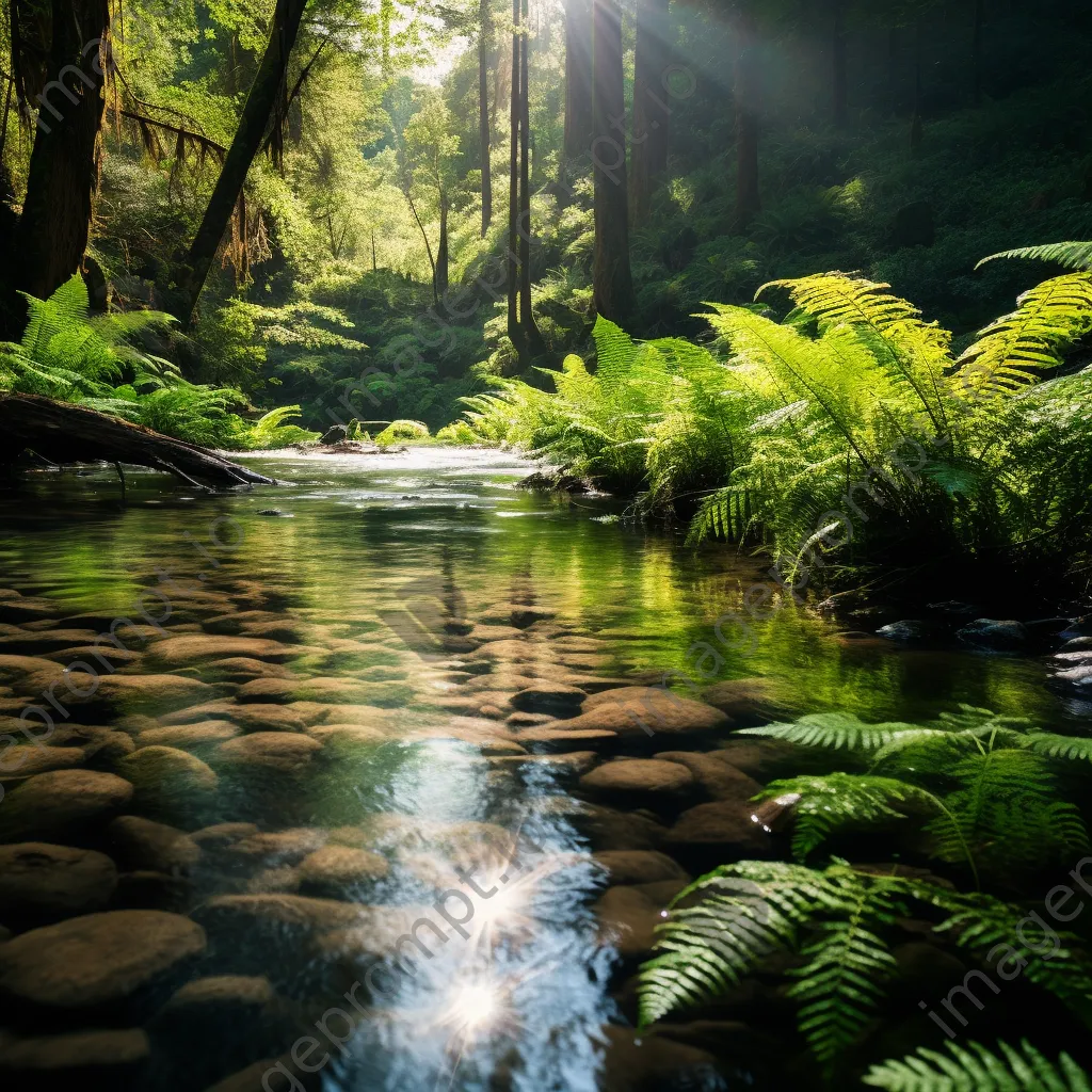 Serene natural spring with ferns and wildflowers under soft sunlight - Image 3