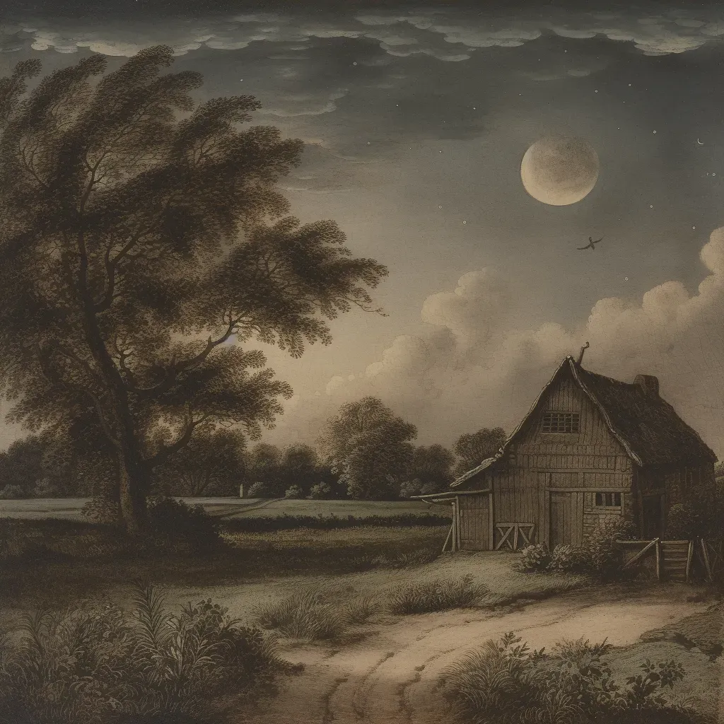 Illustration of rural landscape bathed in moonlight - Image 4