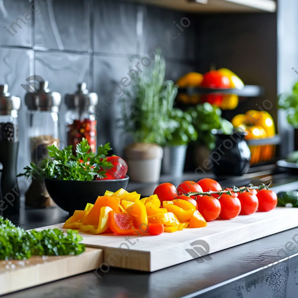 Modern kitchen with chopped vegetables for meal prep. - Image 1