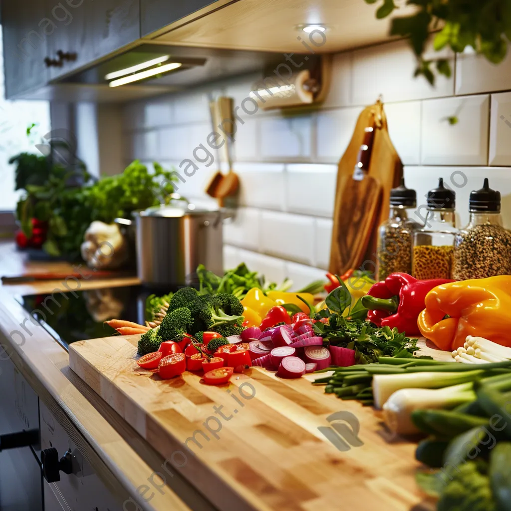 Modern kitchen with chopped vegetables for meal prep. - Image 3